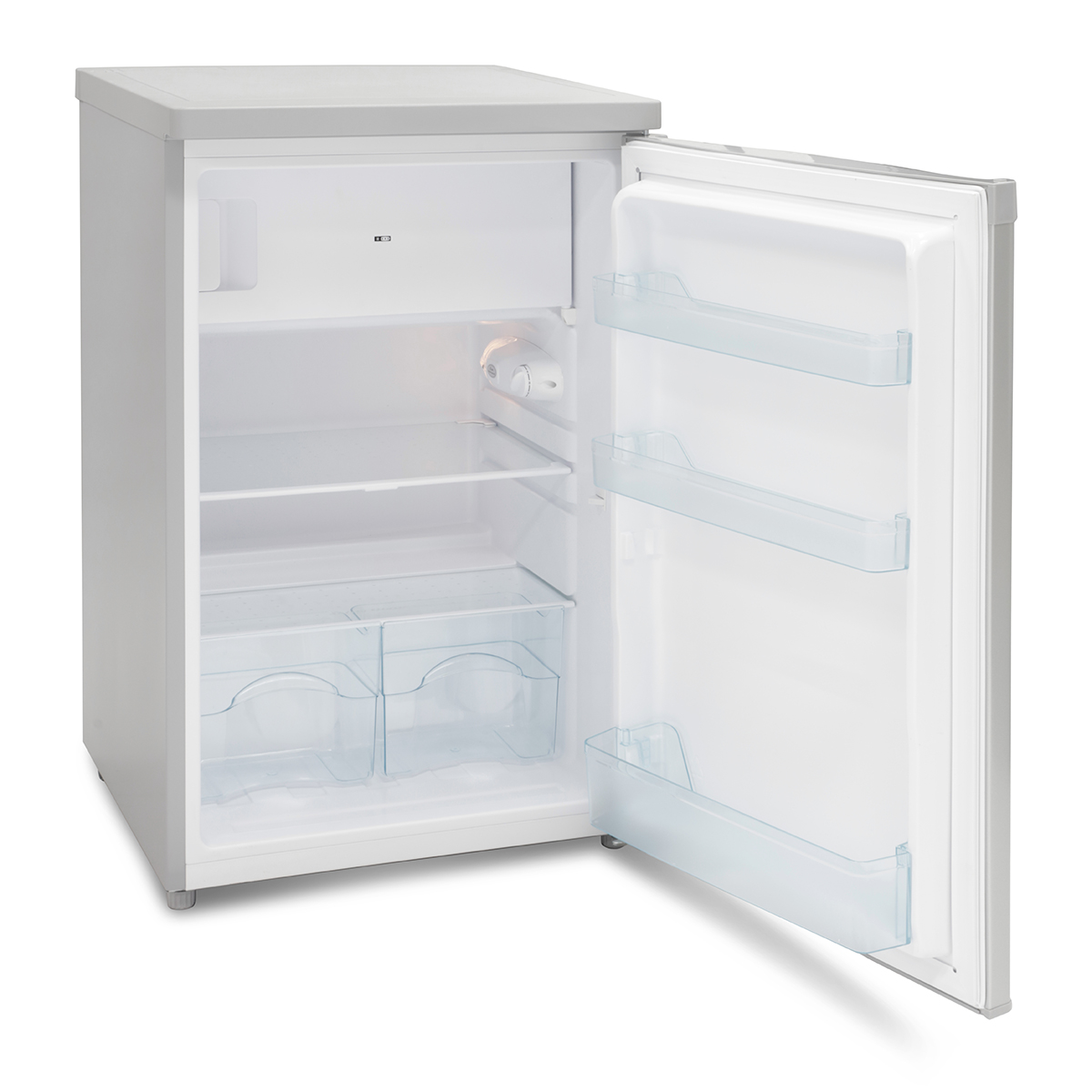 Silver under counter fridge store with icebox